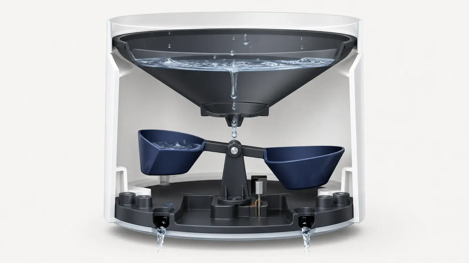 Simplified cutaway of a tipping-bucket rain gauge with a collector funnel above two cups