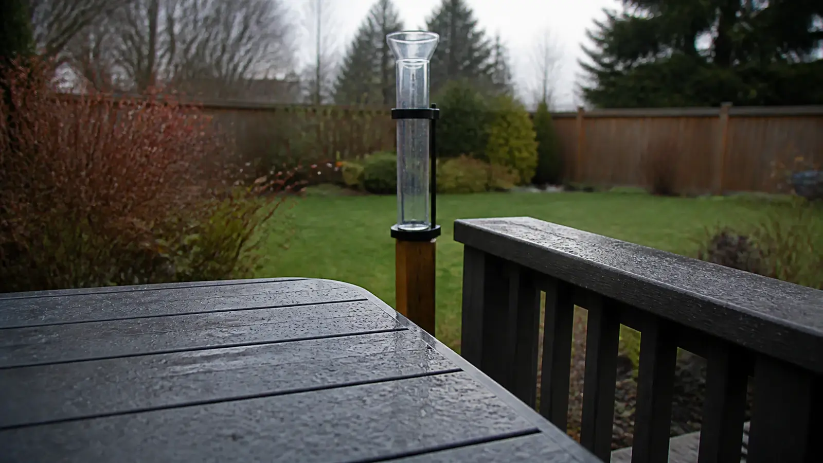 Tiny raindrops beading inside a nearly empty clear rain gauge after very light precipitation