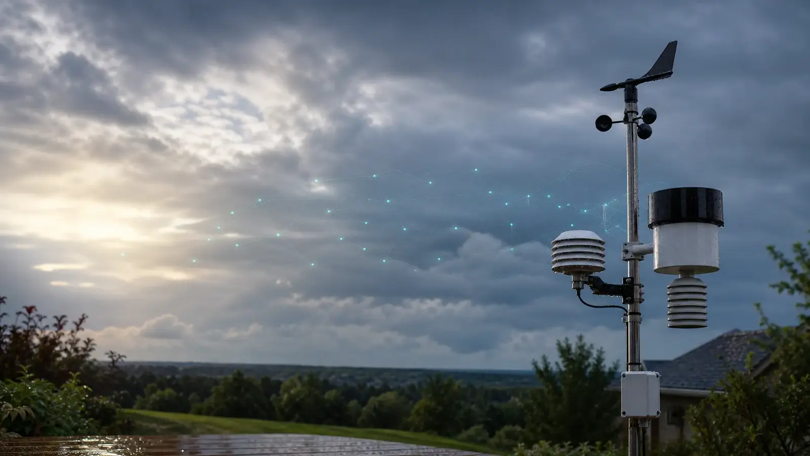Personal weather station sending observations to an online data network after a storm