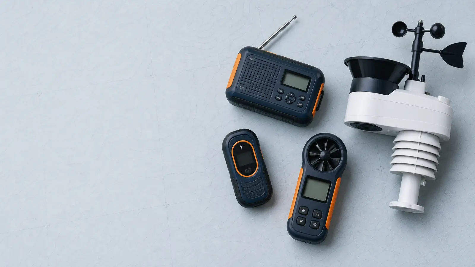 Weather radio, personal lightning detector, handheld wind meter, and home weather station sensor arranged on a pale field map.