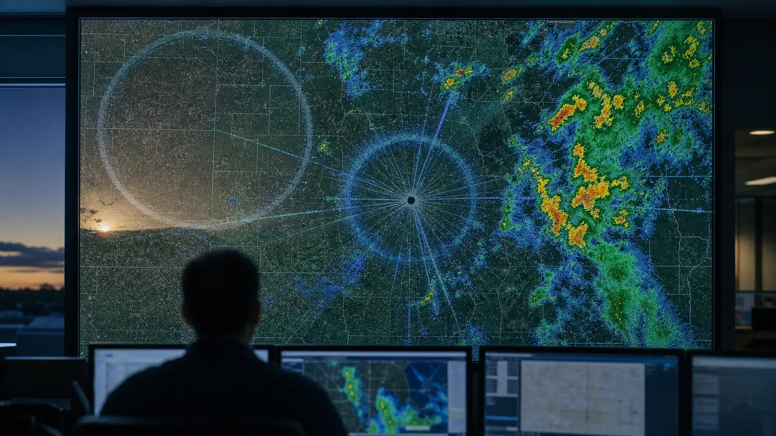 Conceptual radar-screen illustration showing a circular pattern and radial streaks beside irregular echoes