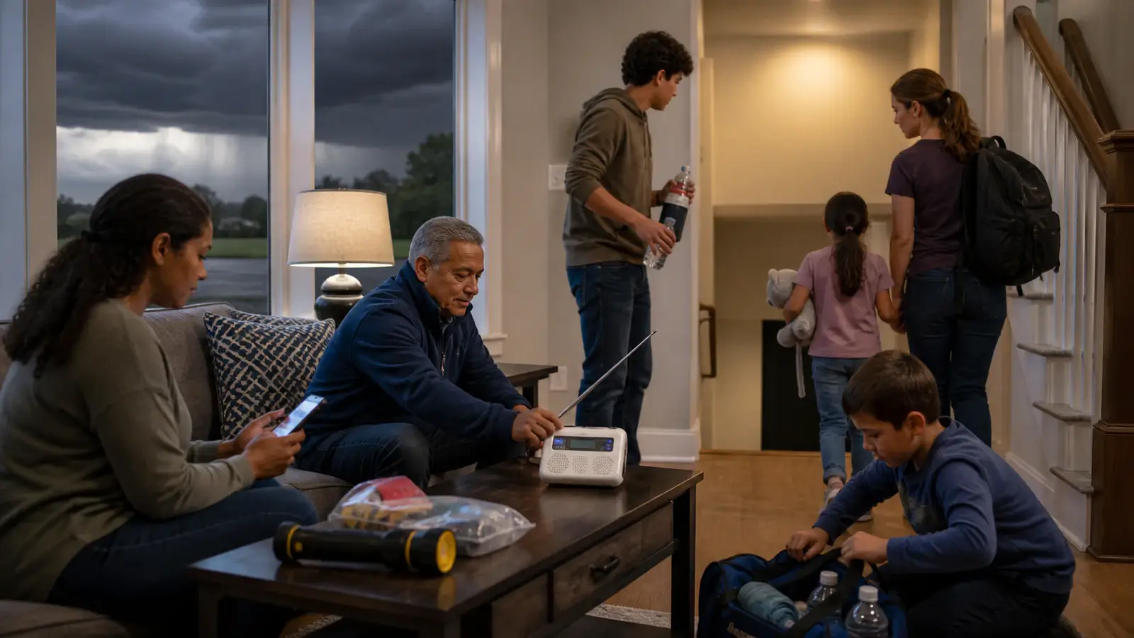 Family checking a phone and weather radio while gathering supplies and moving toward shelter