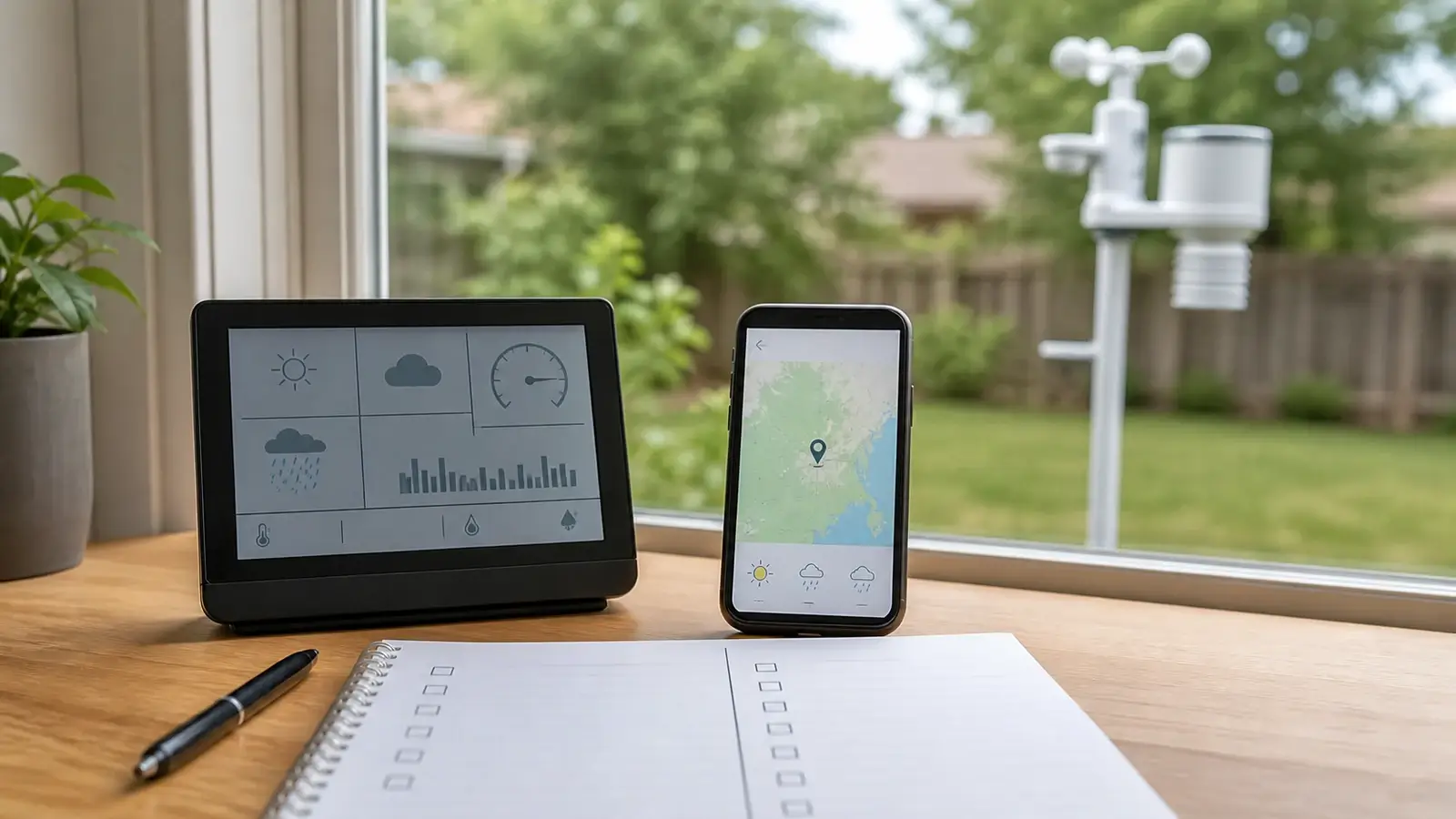 Home weather station console and phone weather map compared beside a notebook
