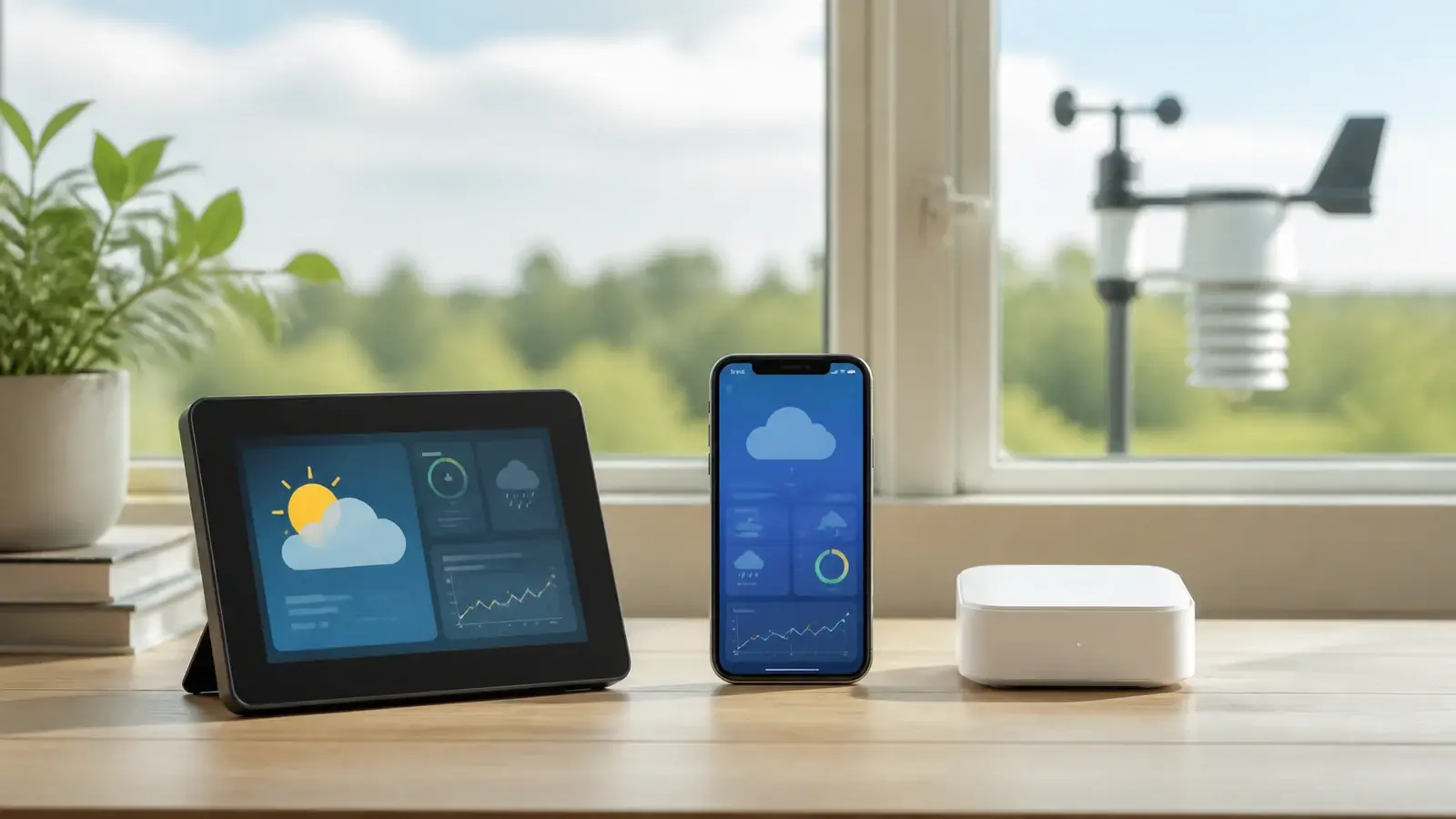 Conceptual illustration of a weather station console, phone app, and compact gateway