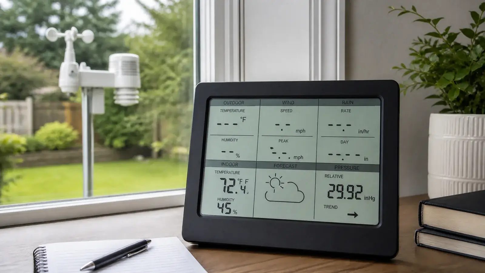 Weather station console showing missing outdoor readings beside an outdoor sensor with a weak radio connection
