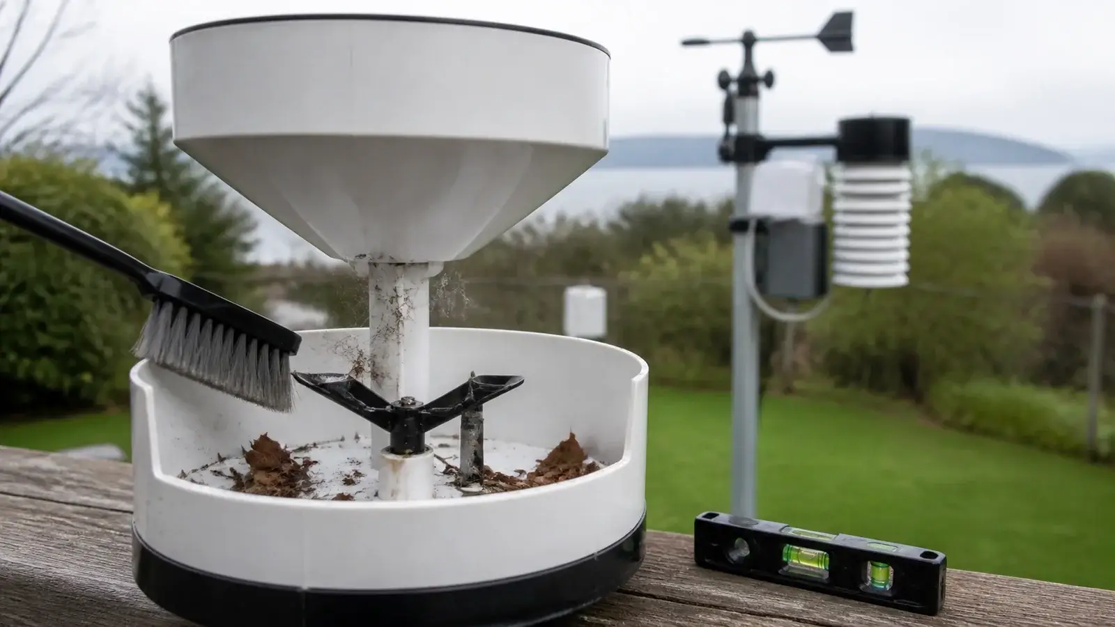 Open tipping-bucket rain gauge being inspected for leaves and a stuck tipping mechanism