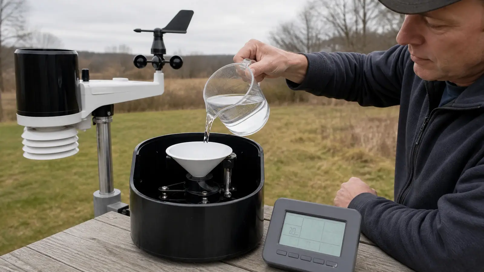 Measured water being poured slowly into an open tipping-bucket rain gauge while a nearby console records the test