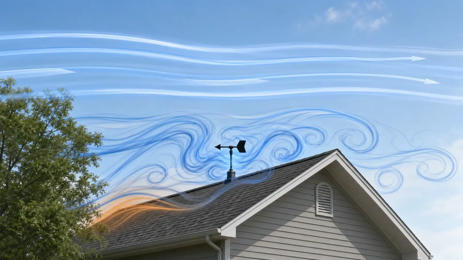 Illustration of turbulent airflow around a rooftop weather vane and smoother wind higher above the roof