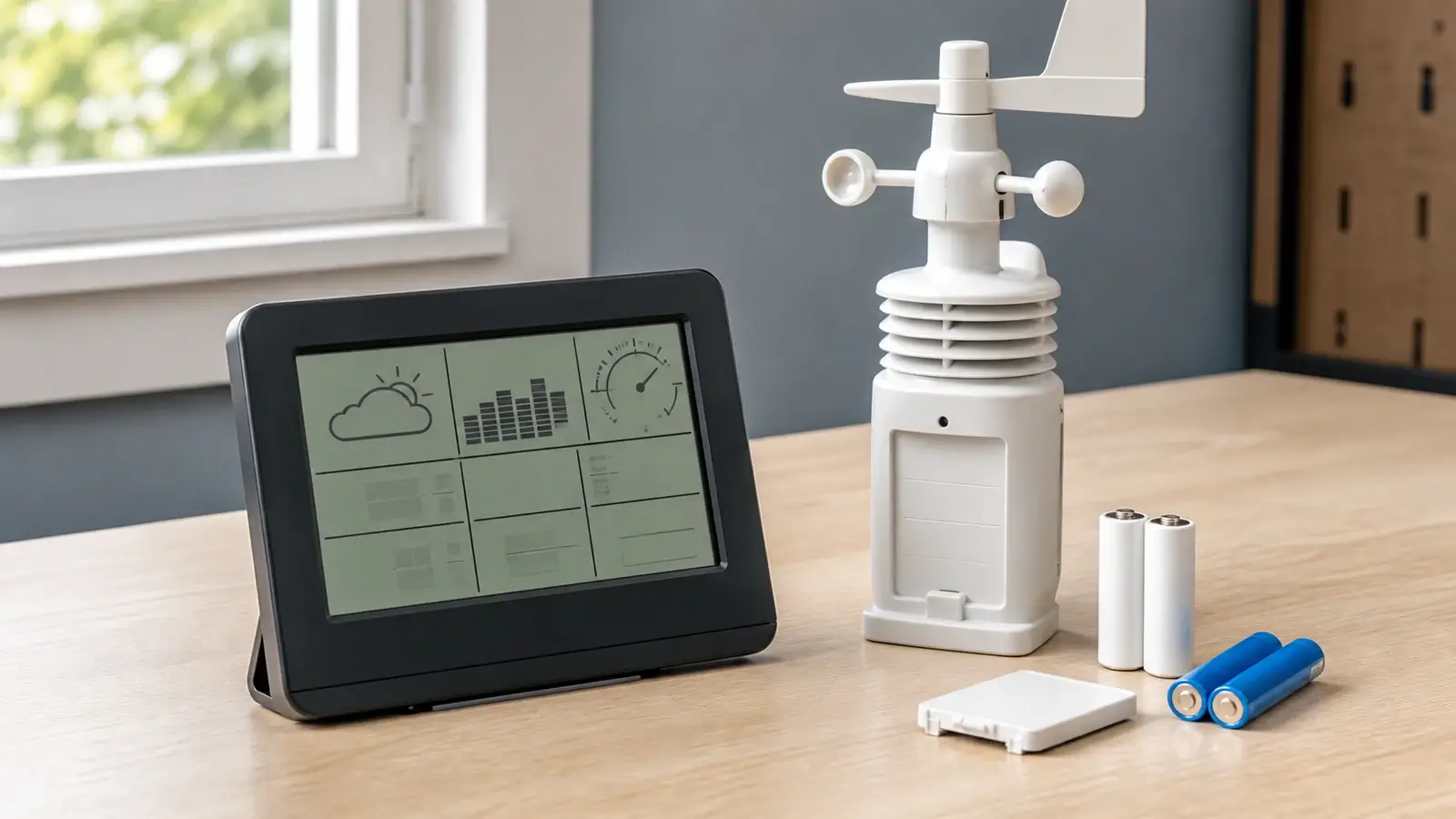 Weather station console and outdoor sensor beside fresh batteries during a close-range pairing test