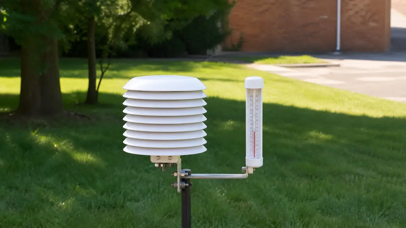 White radiation shield and reference thermometer compared at the same height over shaded grass