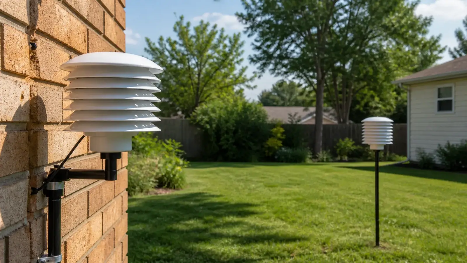 Outdoor weather station temperature sensor near a sunlit wall contrasted with a properly exposed radiation shield over grass