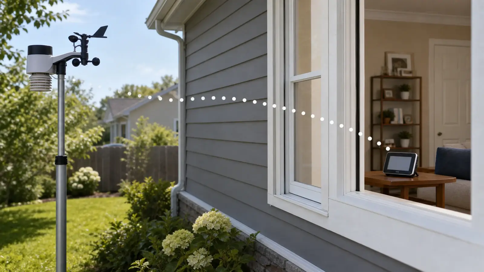Outdoor weather sensor transmitting wirelessly to a console inside a house