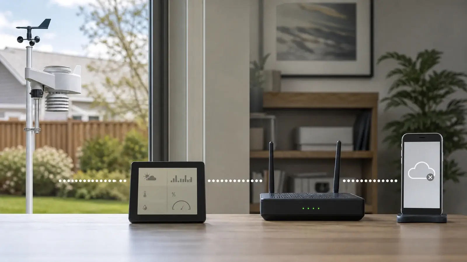 Conceptual illustration of an outdoor station, indoor display, router, and phone with a disconnected cloud symbol