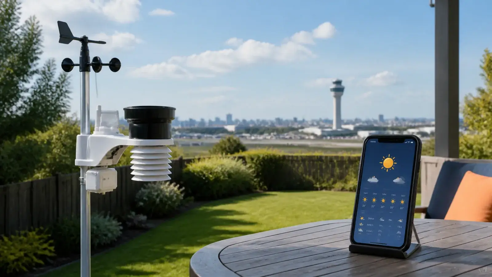 Backyard weather station console compared with a phone weather app showing a different temperature and forecast
