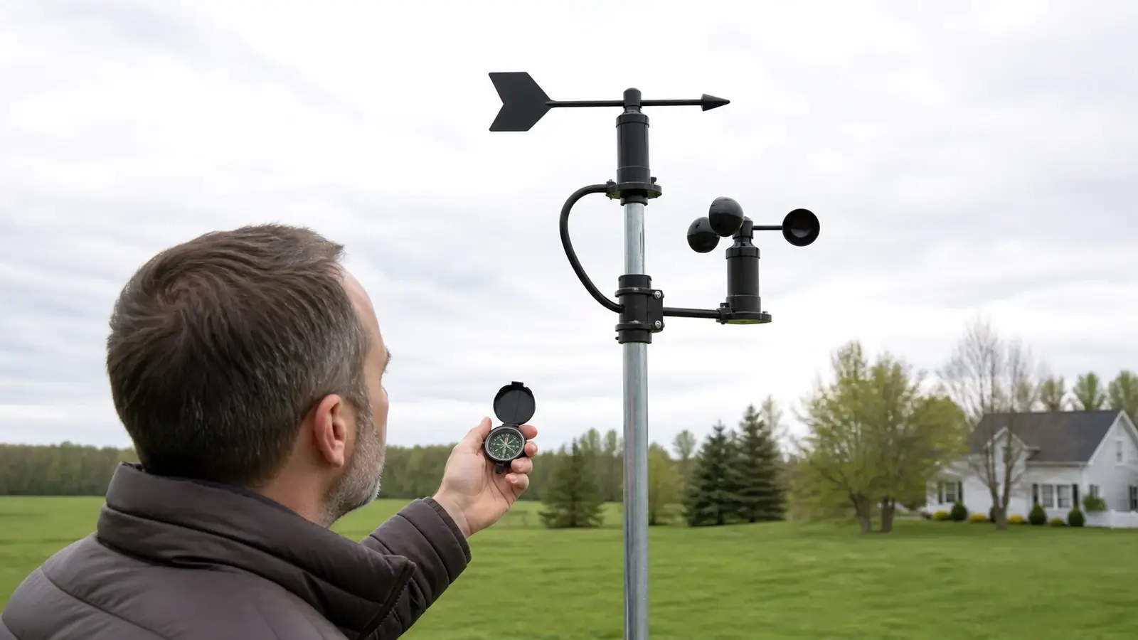 Home weather station wind vane on a clear mast being checked for correct north alignment