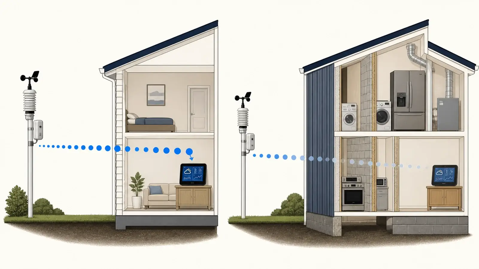 Educational comparison of clear and obstructed weather-station radio paths through a house