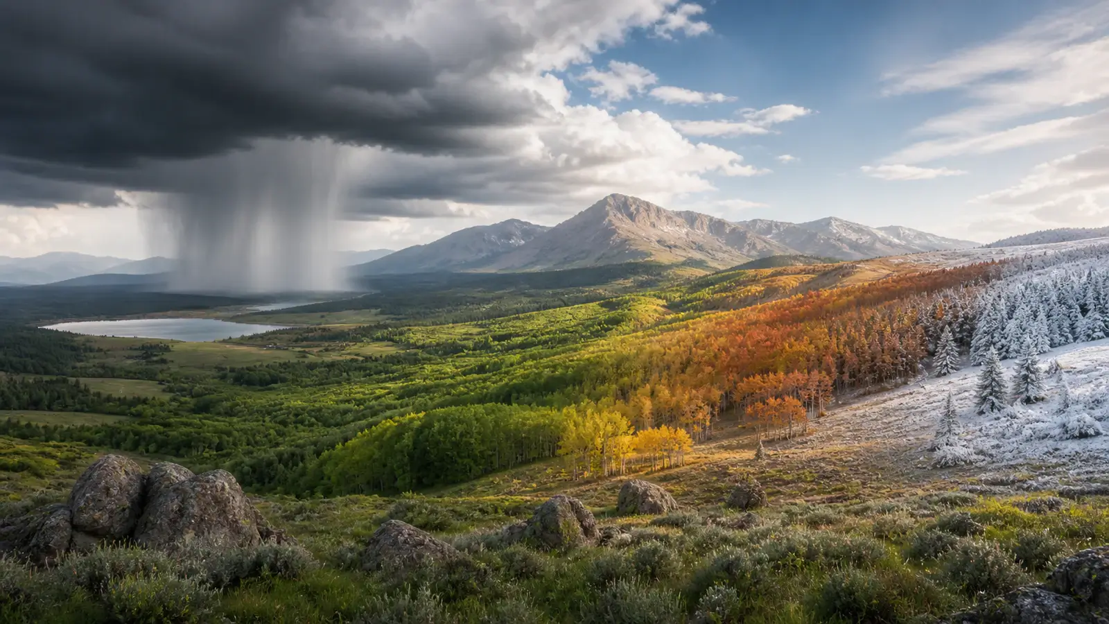 One landscape showing a short-lived rainstorm and seasonal changes from green summer to autumn and winter