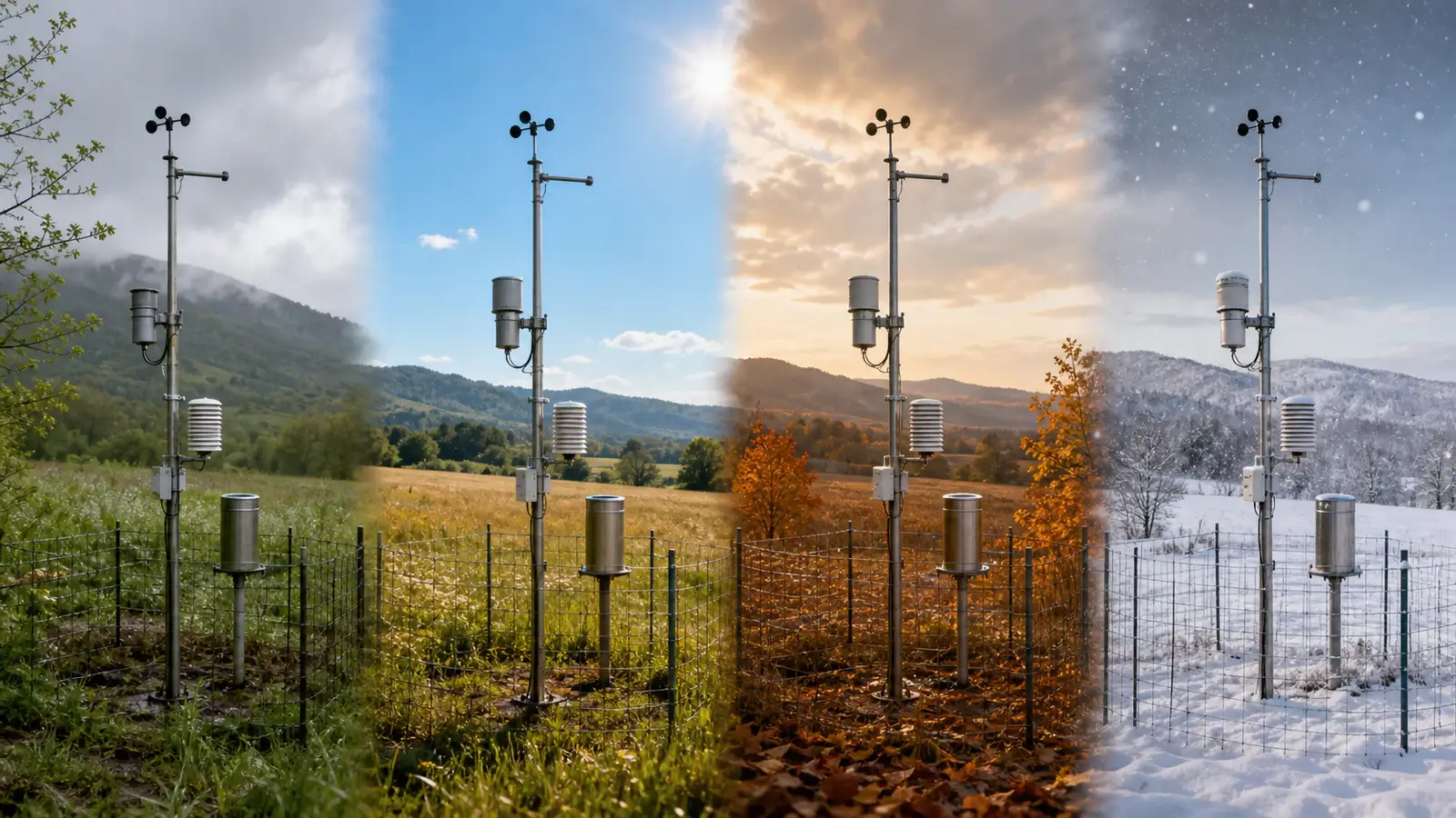 The same weather station observed in spring rain, summer sun, autumn leaves, and winter snow