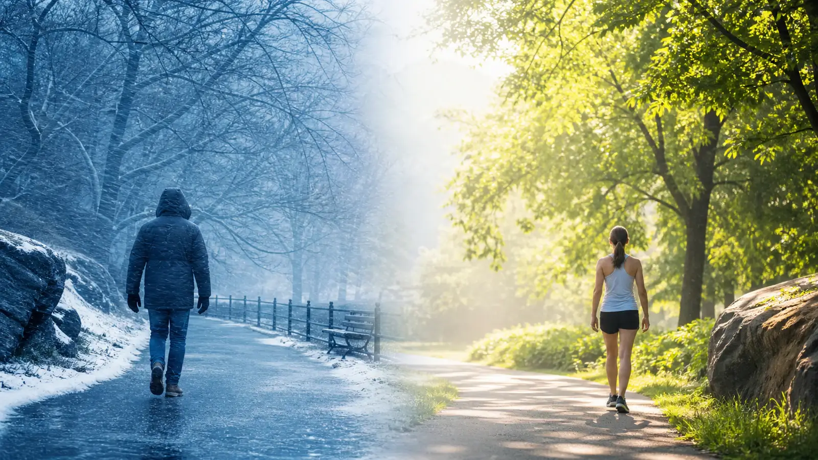 Split outdoor scene showing a bundled person in cold wind and a person walking in hot humid weather