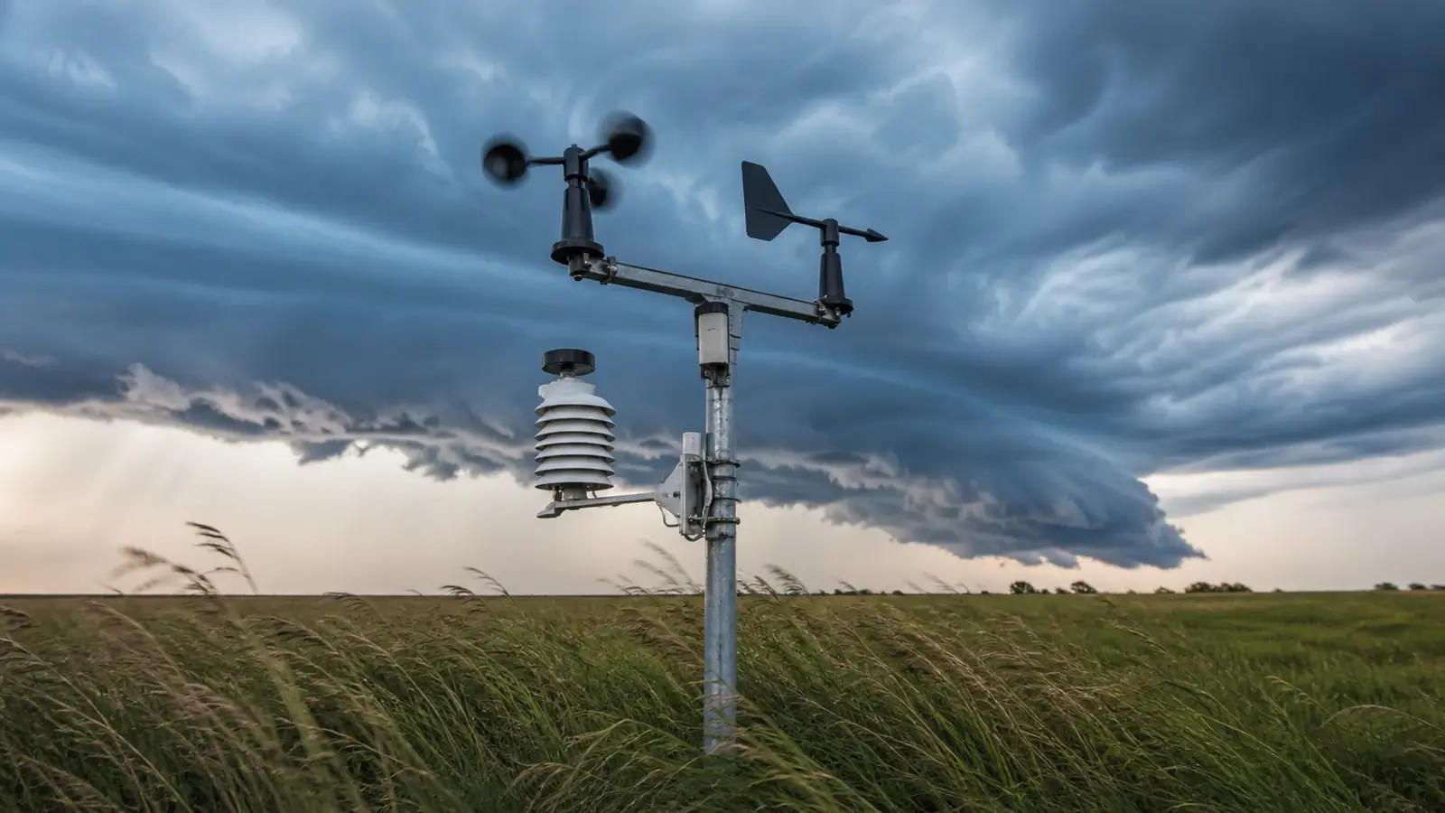 Illustration of a cup anemometer and wind vane above windblown grass beneath storm clouds