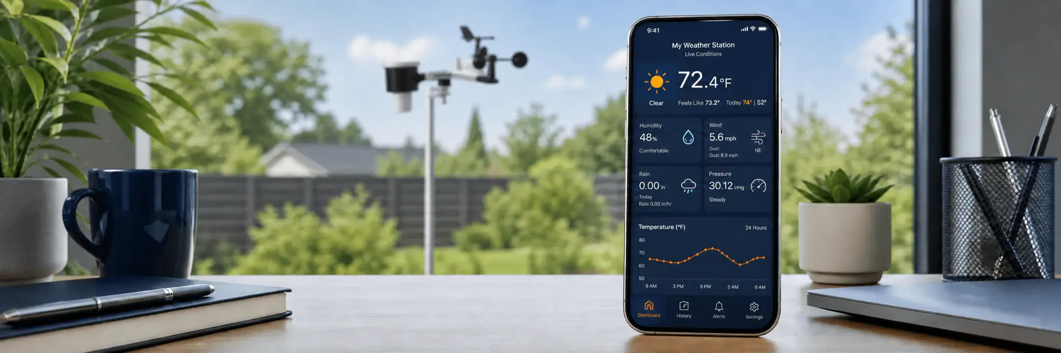 Smartphone displaying a home weather station dashboard with temperature, humidity, wind, rain, pressure, and trend data