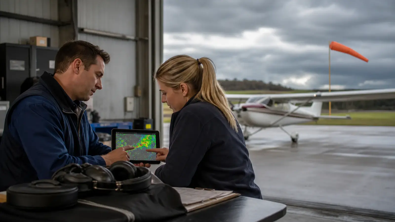 Two pilots checking a weather radar display before a flight beneath changing clouds