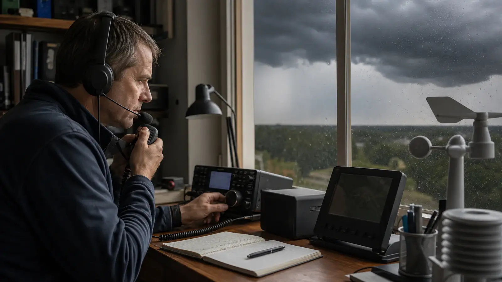 Weather observer using a radio and local instruments while a storm approaches outside