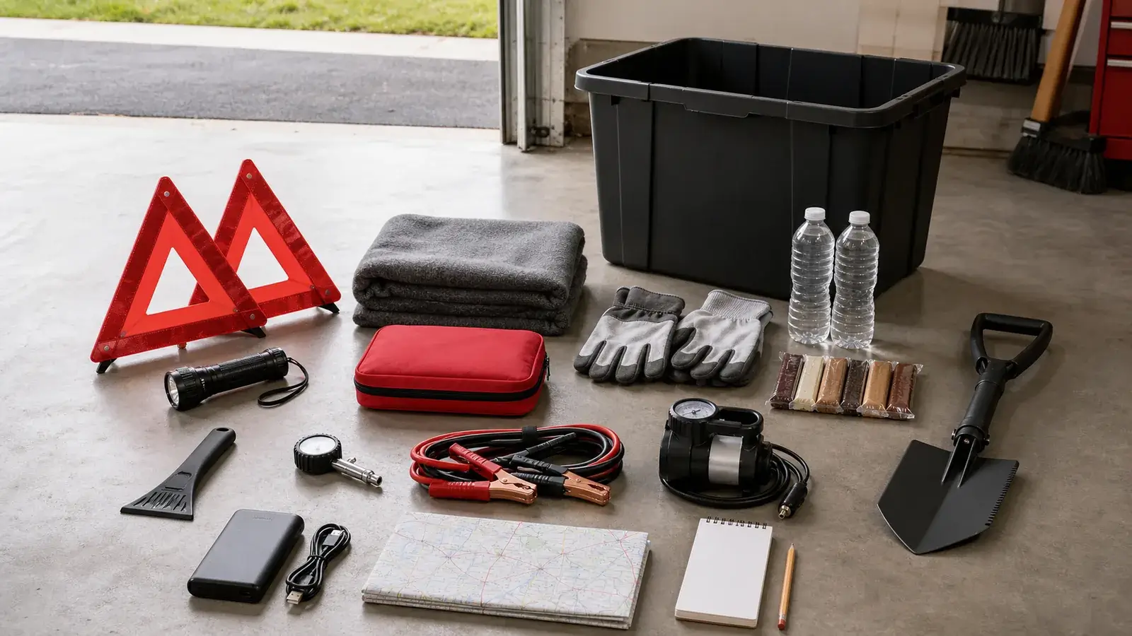 Unbranded car emergency supplies organized beside a secured storage bin