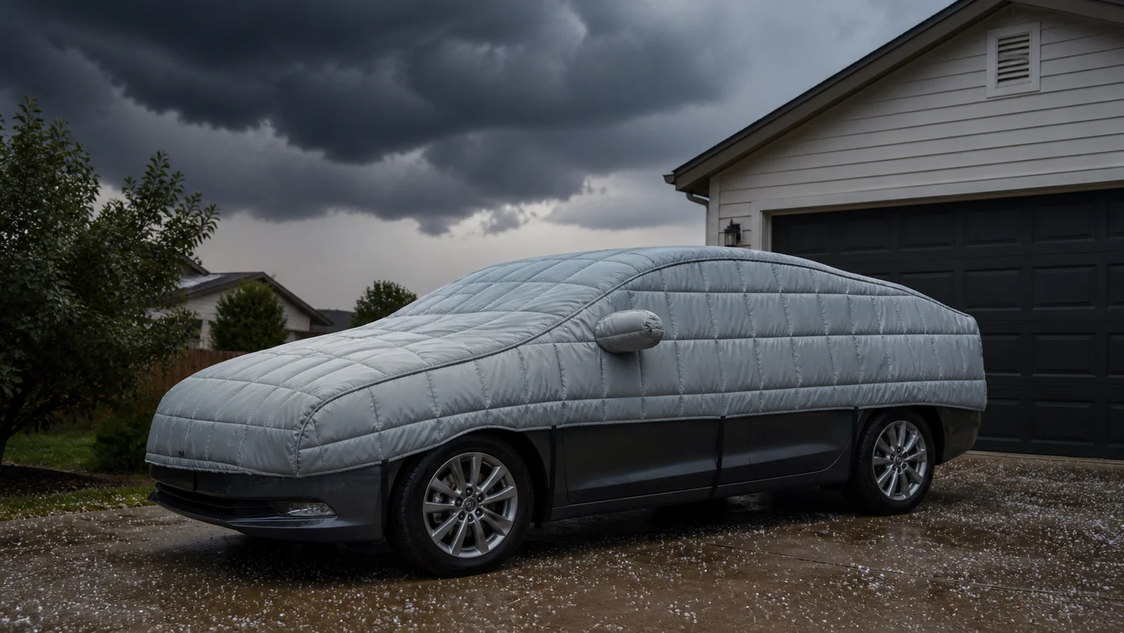 Padded hail cover fitted over a parked car before a storm