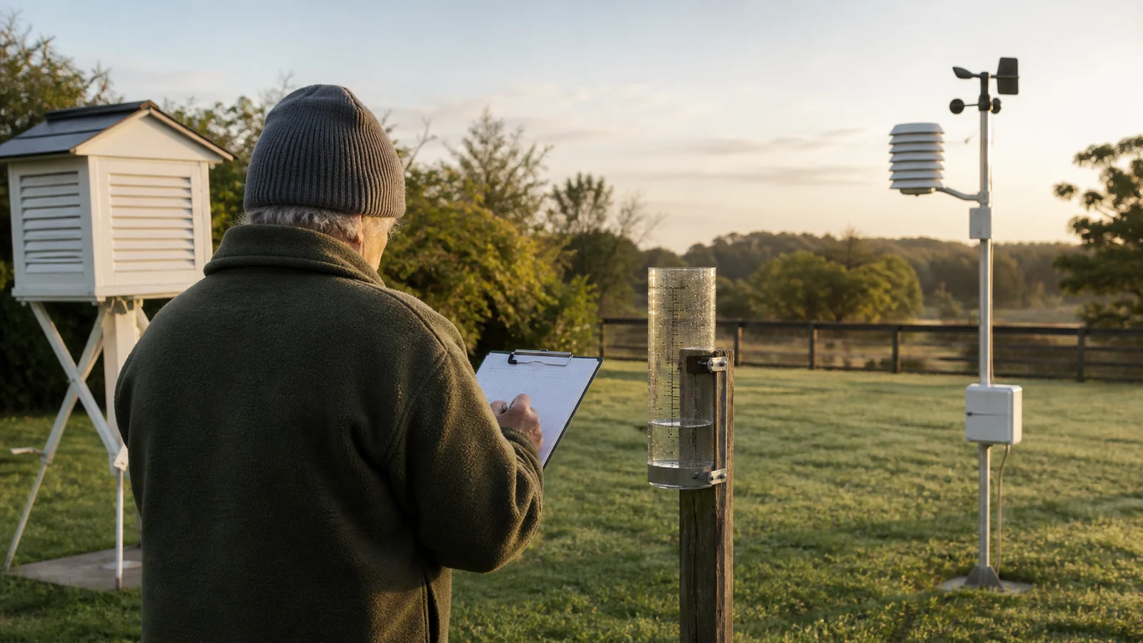Weather observer recording instrument readings in a field notebook
