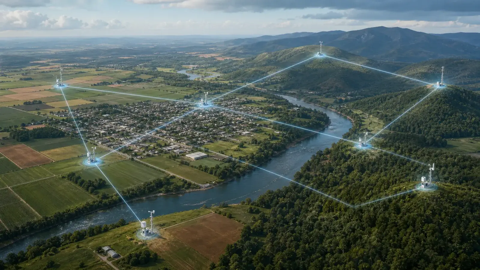 Conceptual regional mesonet with weather stations across farms, a town, river valley, and mountains