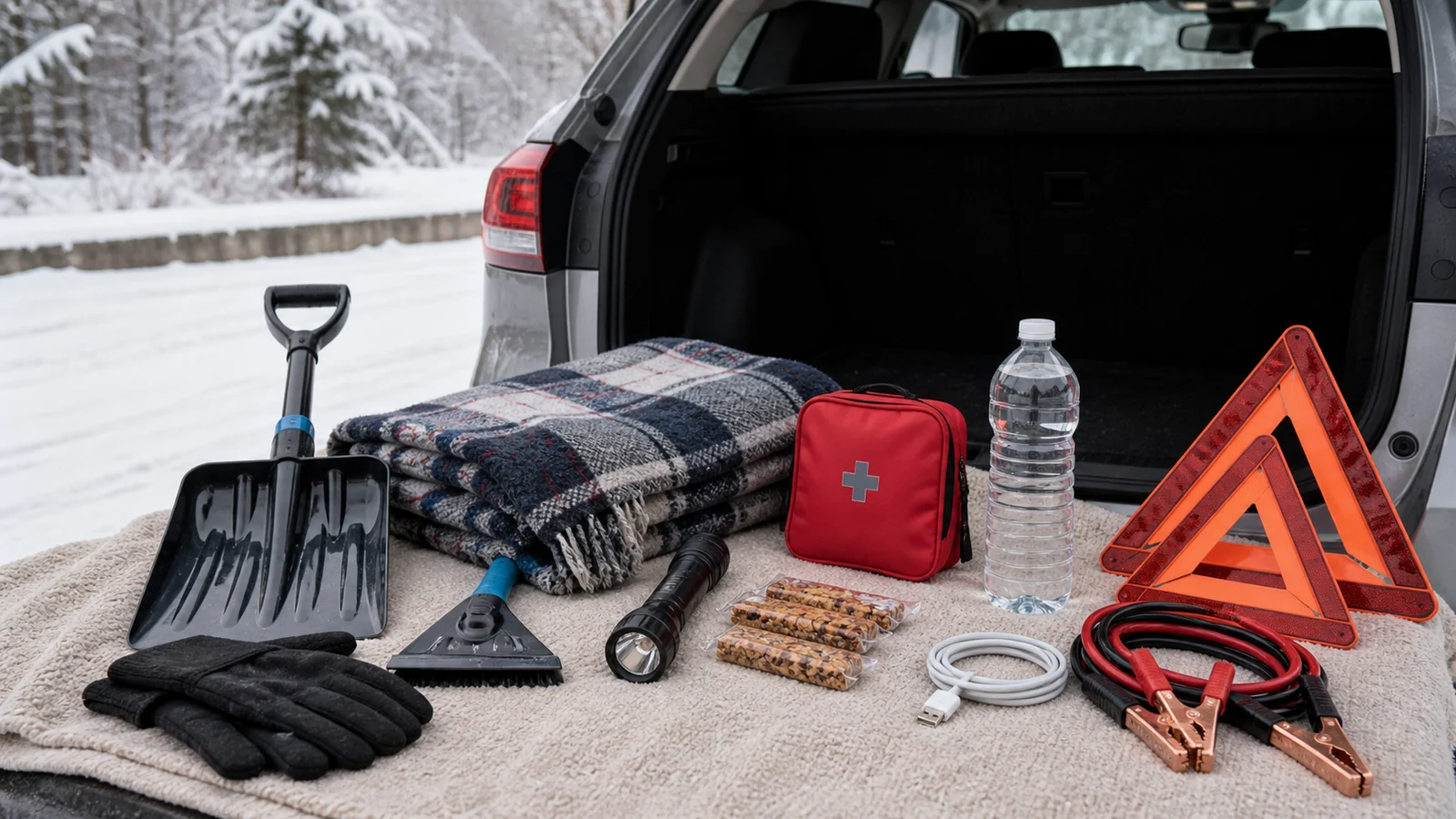 Winter car emergency kit supplies arranged for packing