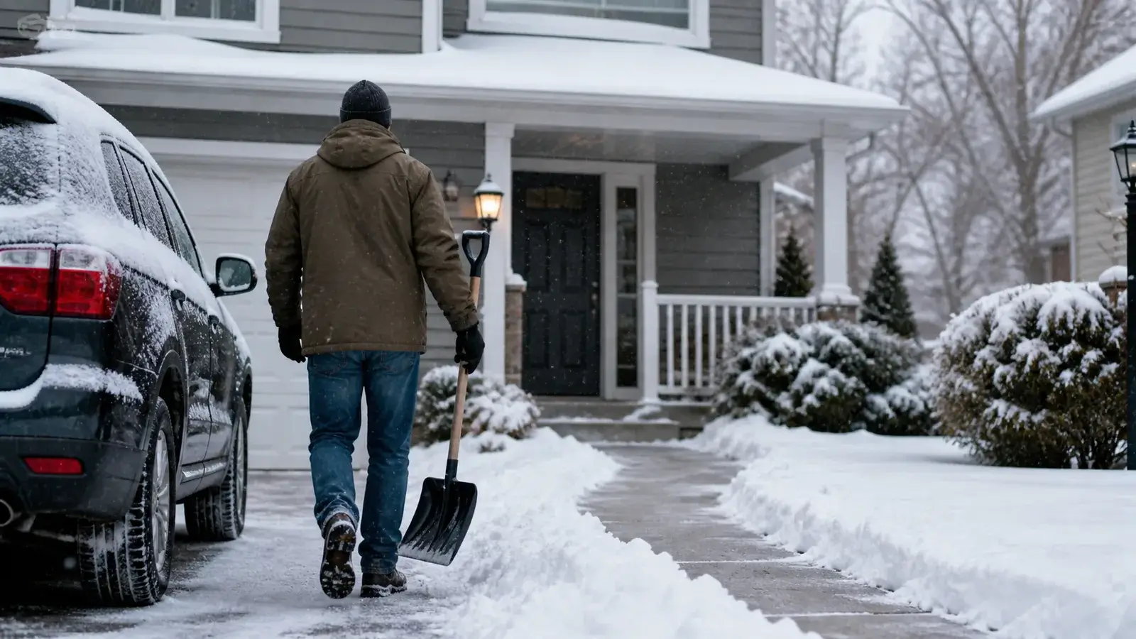 Resident clearing snow from a home walkway before conditions worsen