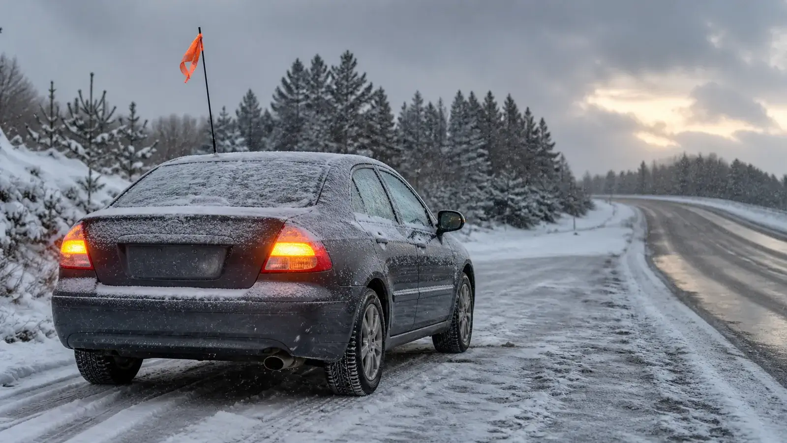 Snow-covered car safely stopped off a winter road with a bright signal marker