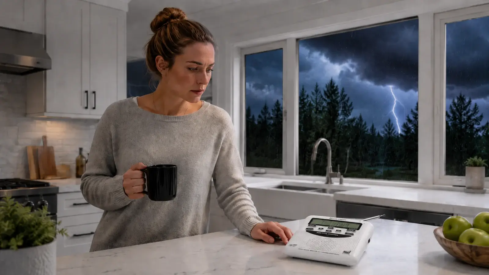 A woman checking a weather radio in a kitchen as a thunderstorm approaches