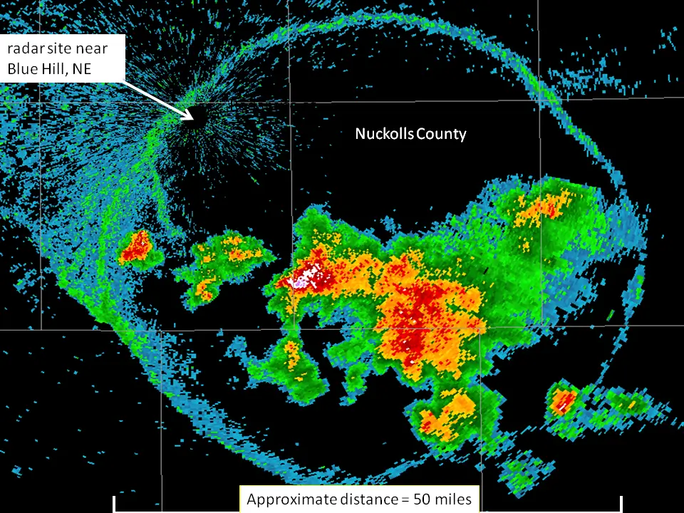 NWS radar image from June 24, 2009, showing a faint circular outflow boundary around brighter thunderstorms, with the radar site northwest of the circle