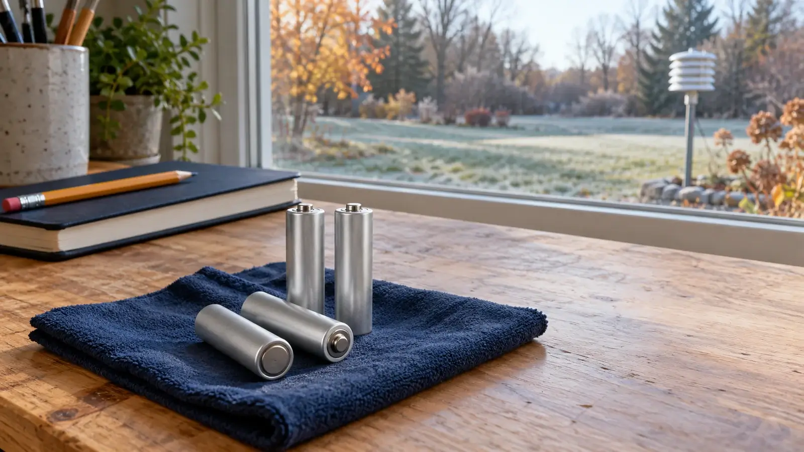 Four unbranded AA batteries on a dry indoor workbench with a frosty backyard and a generic weather sensor beyond the window